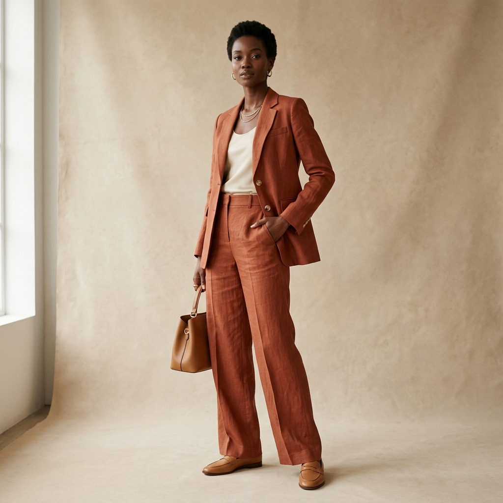 Categoria Elegante: Modelo em blazer linen sienna estruturado.