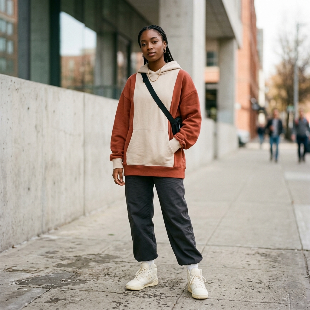 Categoria Streetwear: Modelo vestindo moletom oversized terracota moderno.