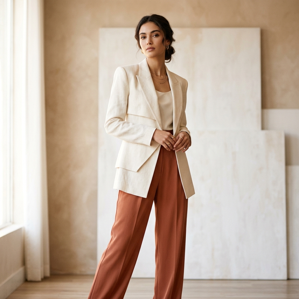Modelo vestindo blazer creme e calça terracota da ALVA Atelier.