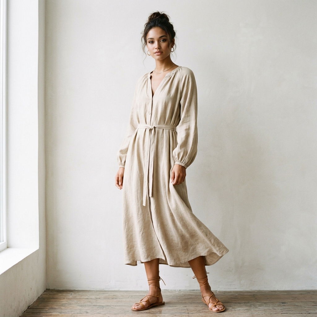 Vestido Midi: Fluido vestido midi linho bege.