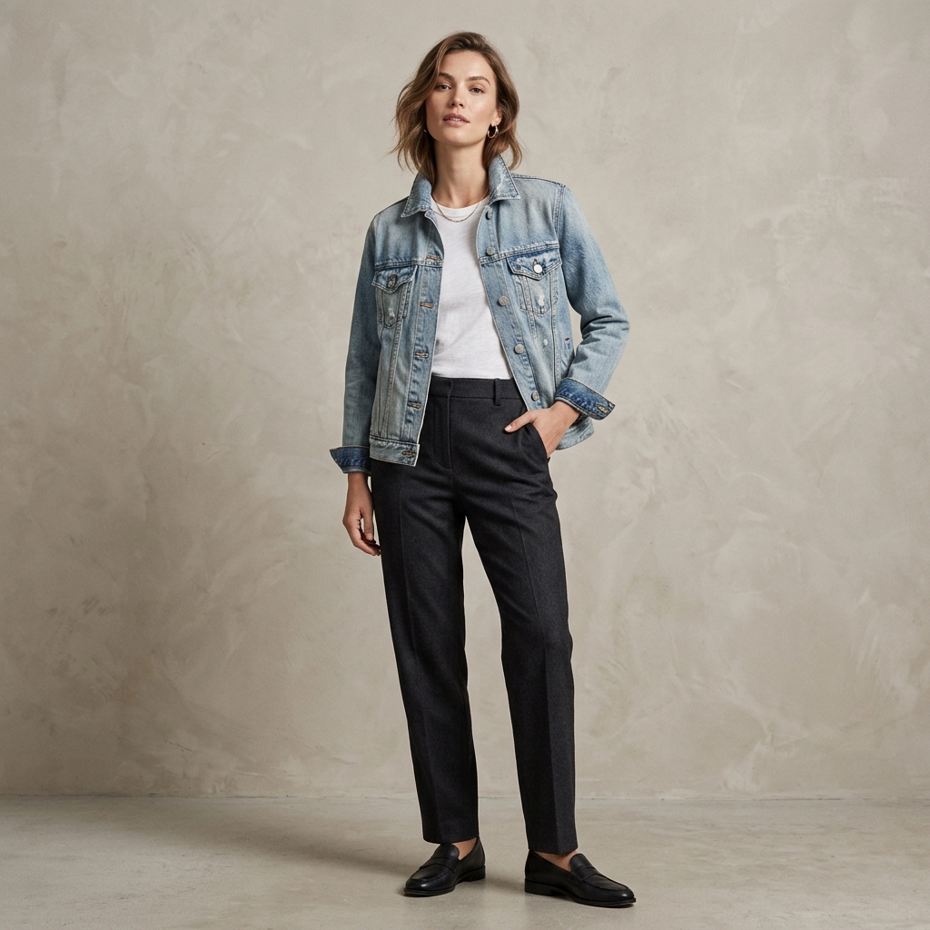 Jaqueta Jeans: Clássica jaqueta jeans denim lavagem leve.