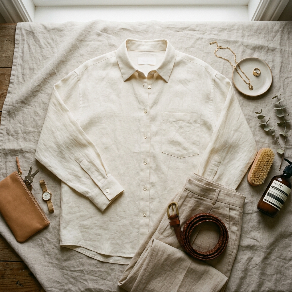 Camisa Oversized: Minimalista e elegante camisa de linho creme.