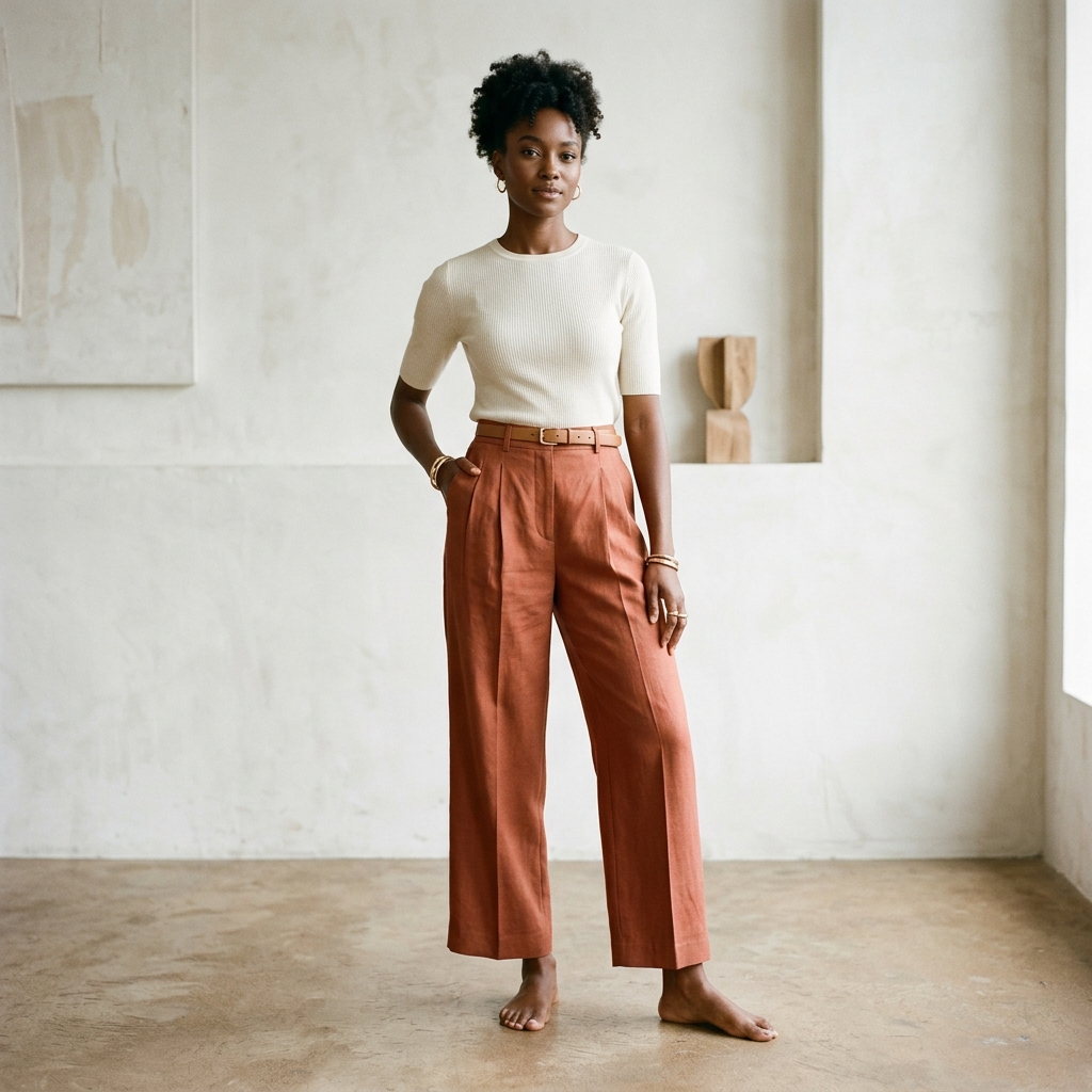 Calça Alfaiataria: Elegante calça estruturada terracota.